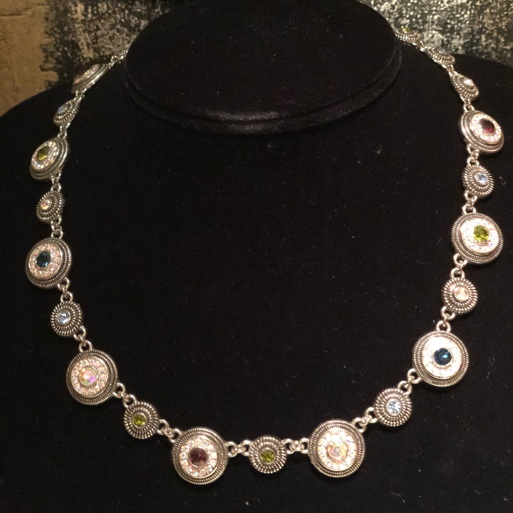 Silver, crystal and multi gemstone necklace.